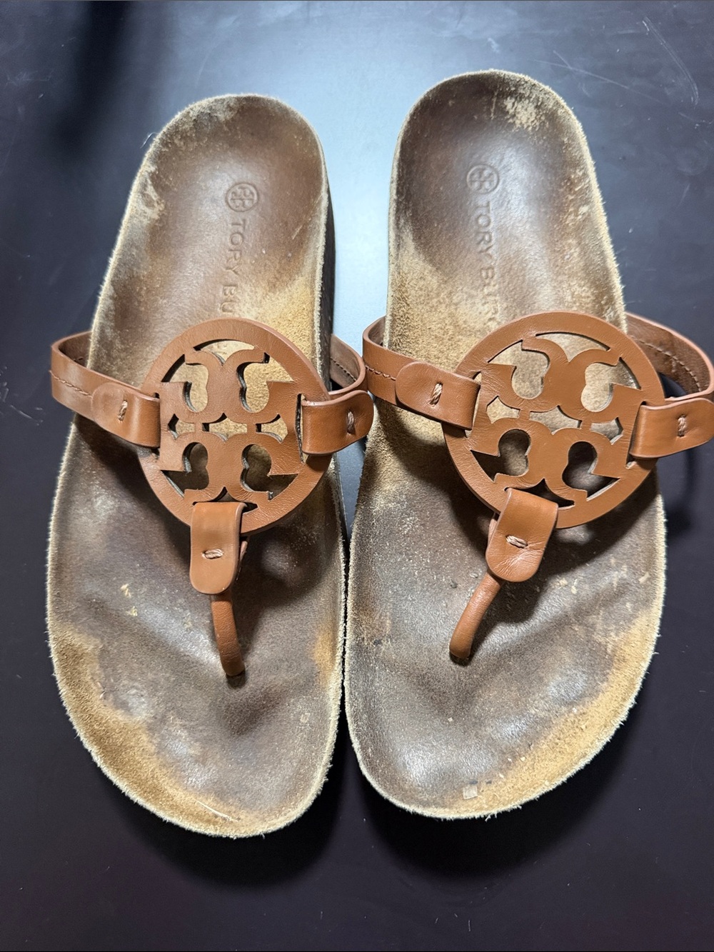 Tory Burch Tan Leather Logo Thong Sandals